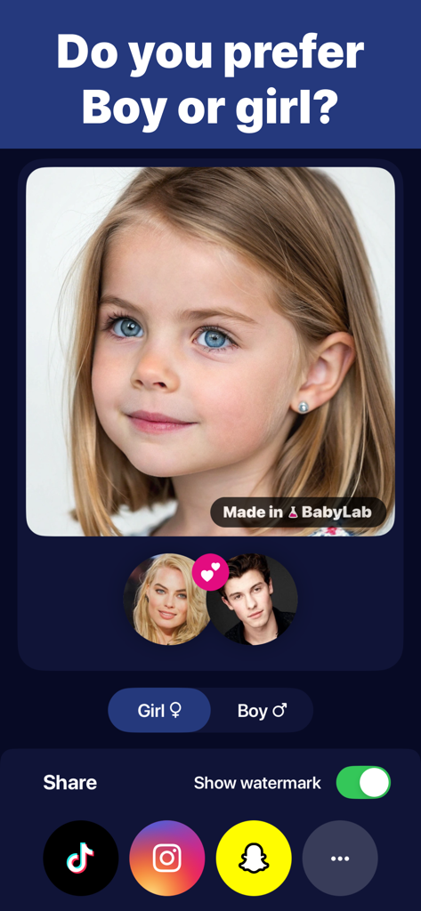 Screenshot of the BabyLab app showing a generated baby girl with options to share on social media