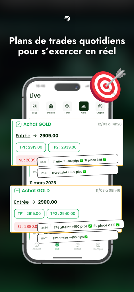 Smartphone screen displaying daily gold trading plans with entry and profit targets in the Passion Trade app