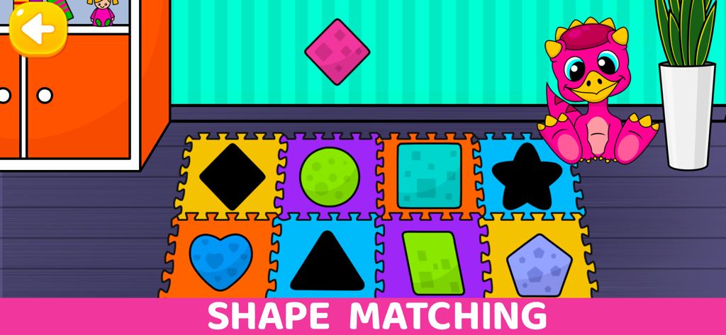 Dinosaur Games For Kids 2-7 - Educational shape matching game for toddlers featuring a friendly pink dinosaur