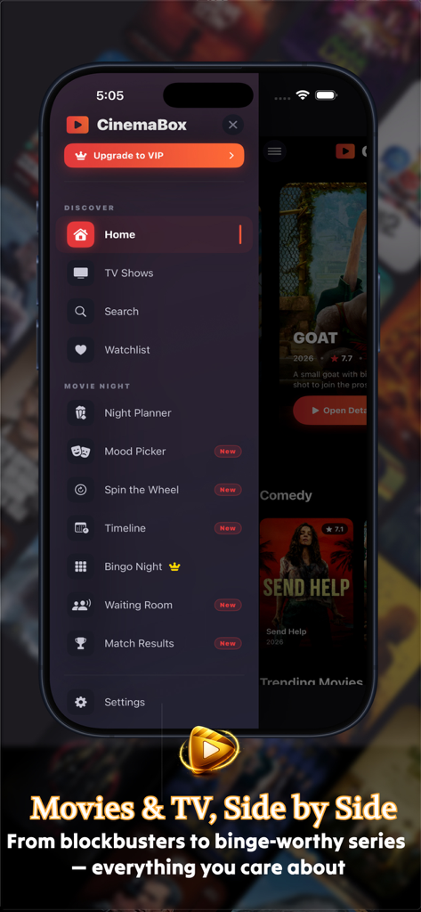 Cinema Box : Movies & Showbox - Cinema Box mobile app navigation menu showing features like Night Planner Mood Picker and Spin the Wheel