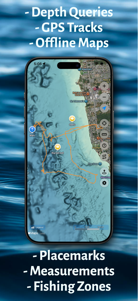 Hawaii Ocean Map - Hawaii Ocean Map app interface showing underwater bathymetry with orange GPS tracks and fishing markers.
