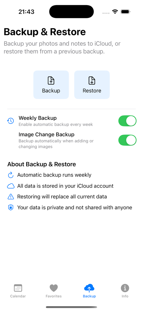 New-Day - The backup and restore settings screen of the New-Day photo diary app showing iCloud integration and privacy features