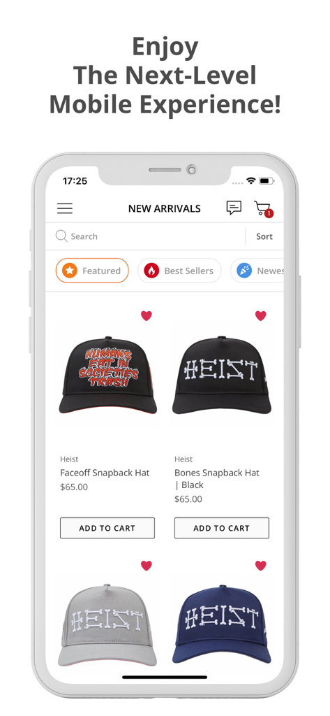 Mobile interface of the Capsule Clothing Store app displaying new arrivals and streetwear snapback hats.