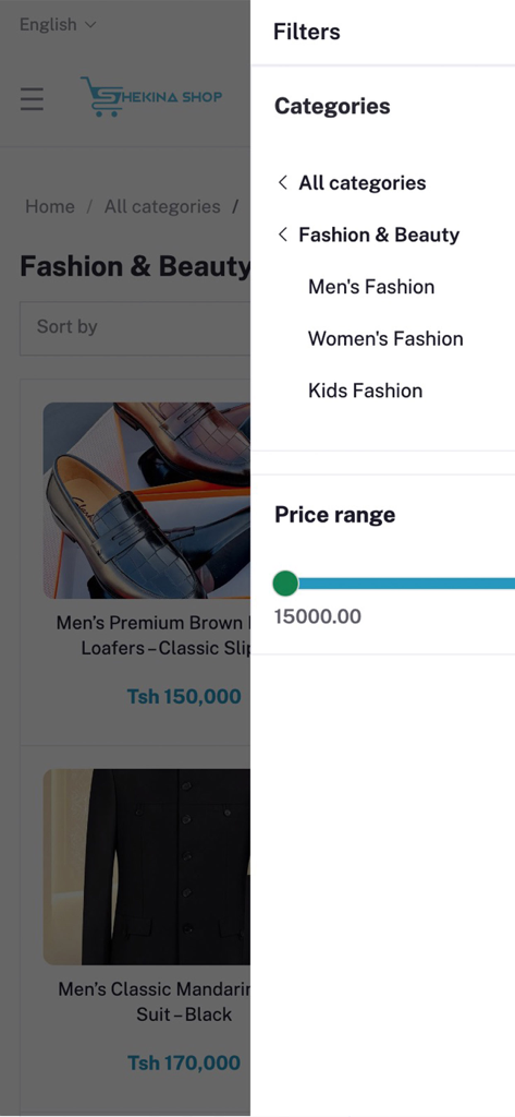 ShekinaShop - ShekinaShop 앱 인터페이스에 패션 카테고리 필터와 가격 범위 선택이 표시됩니다