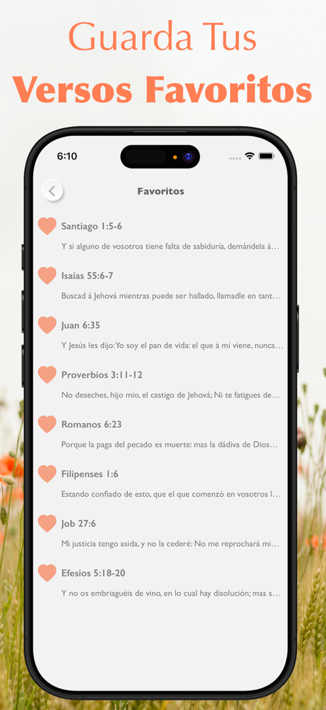Santa Biblia Reina Valera 1960 - Pantalla de la aplicación que muestra una lista de versículos bíblicos favoritos guardados con iconos de corazones