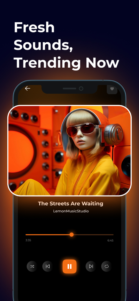 Resso Music - Discover Songs - A minimalist offline music player interface from the Resso Music app showing playback controls and trending tracks.