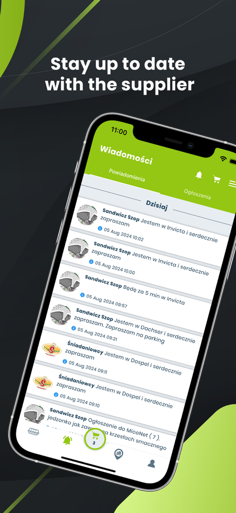 KanapkaMan mobile app showing a list of supplier messages and arrival notifications for food delivery