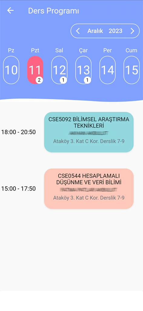 IKU PUMA - IKU PUMA App mobile Oberfläche, die einen wöchentlichen Universitätskursplan mit Kurszeiten und Orten zeigt