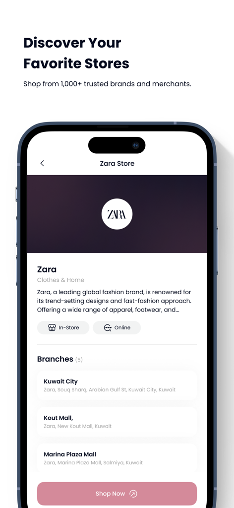 Deema app interface displaying Zara store details and branch locations in Kuwait