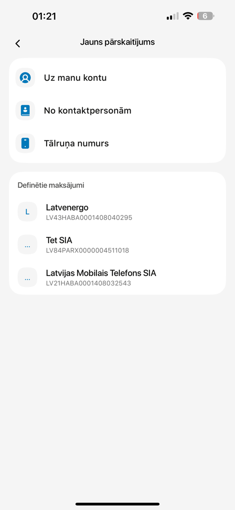 Pasts Pay - Mobile app interface for Pasts Pay showing money transfer options and predefined Latvian utility billers.