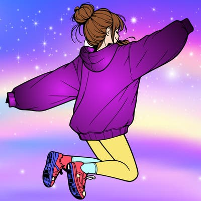 realistic girl jumping with a bun and oversized sweatshirt