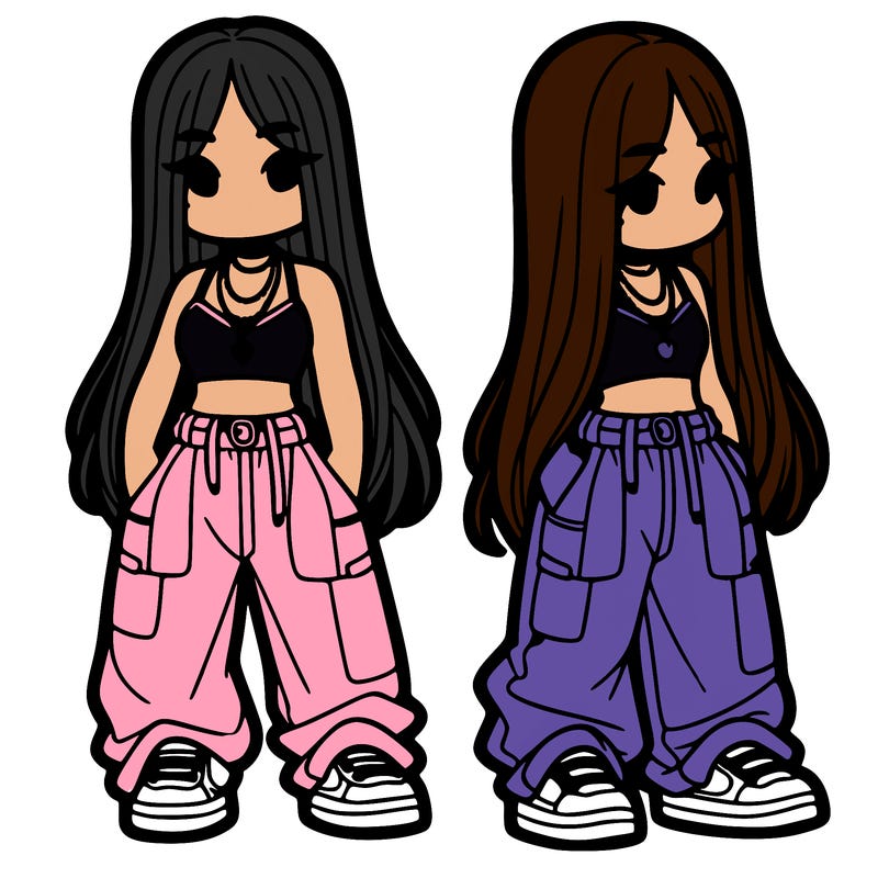 girl in baggy pants crop top and long hair