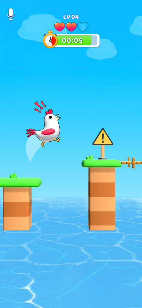 A cartoon chicken jumping between platforms over water in a mini game challenge