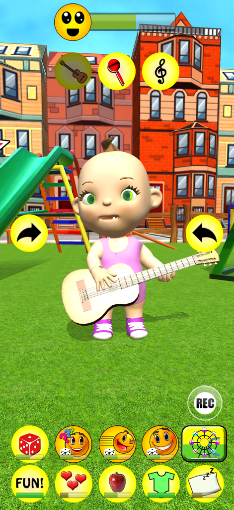 My Baby Babsy - Playground Fun - Baby Babsy playing a white guitar in a colorful virtual playground.