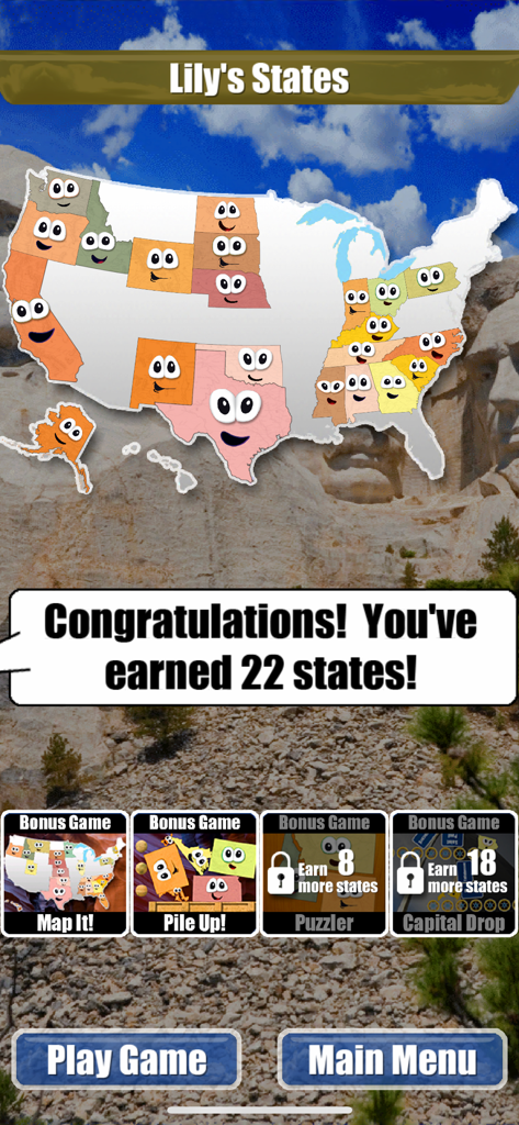 Eine personalisierte USA-Karte in der Stack the States App, die zweiundzwanzig erworbene Staaten und freigeschaltete Bonusspiele zeigt.