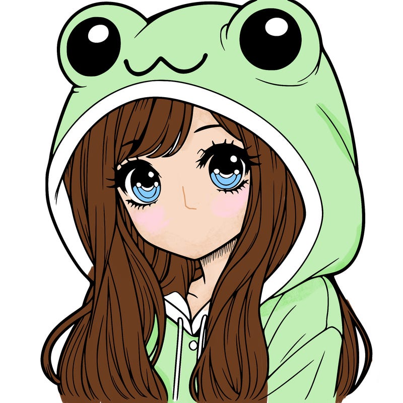 a pretty girl wearing a frog hoodie portrait with long hair