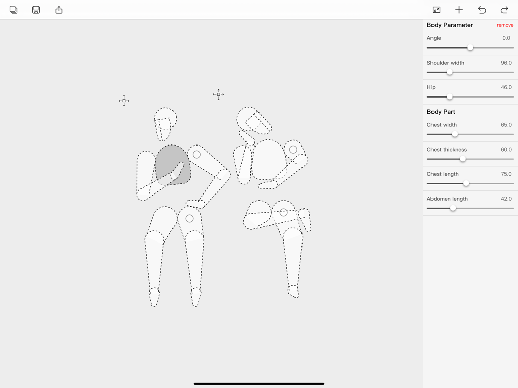Character Draft - Interfaccia dell'app Character Draft che mostra due manichini e cursori per la regolazione dei parametri del corpo