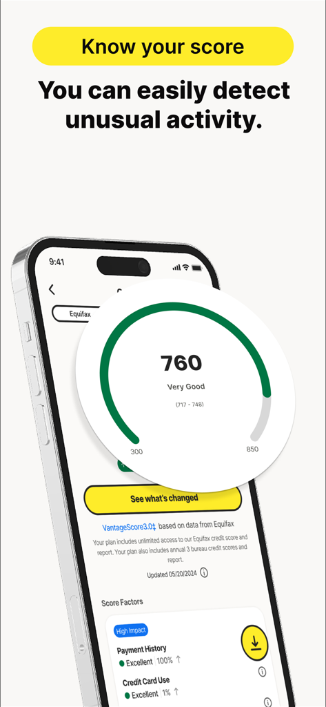 LifeLock Identity - Interfaz de la aplicación LifeLock Identity en un iPhone mostrando una puntuación de crédito de 760 y una calificación muy buena
