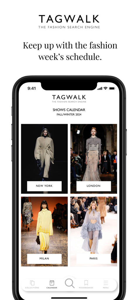 TAGWALK - Tagwalk app interface showing the fashion week schedule for major fashion cities