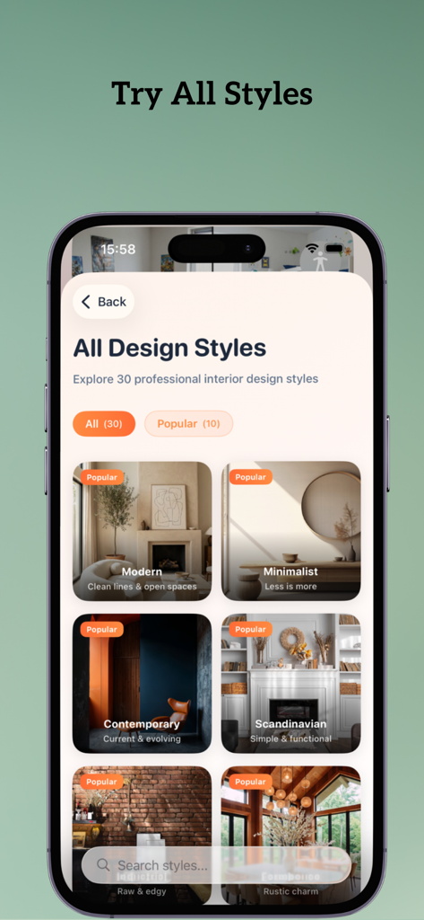 HomeStyle AI - Interior Design - A selection of professional interior design styles like Modern, Minimalist and Scandinavian in the HomeStyle AI app.