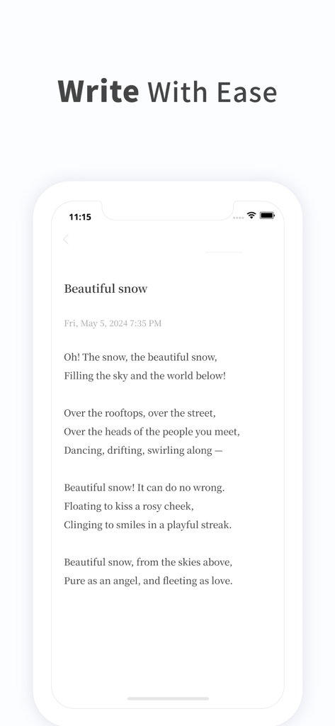 Notes, Journal, Diary: PenCake - A minimalist writing interface of the PenCake app showing a poem titled Beautiful snow with elegant typography.