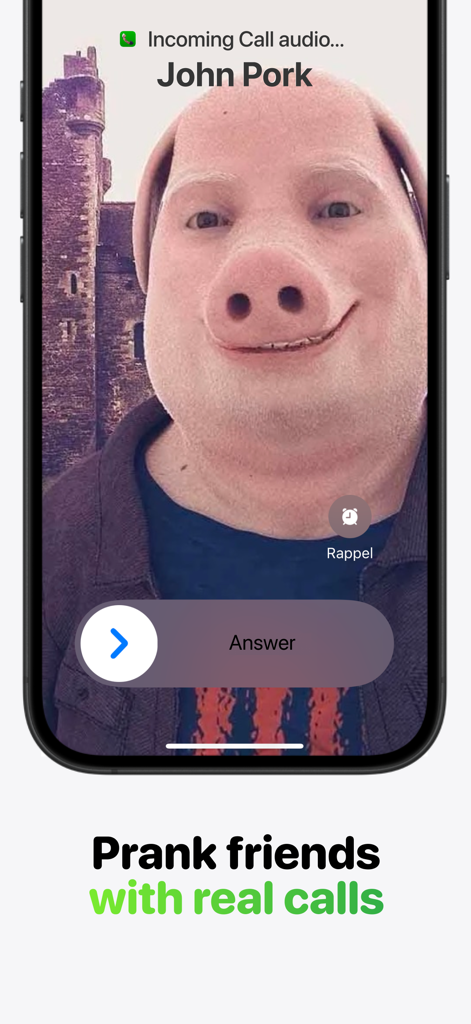 Incoming Call: John Pork Prank - Tela de smartphone mostrando uma chamada recebida simulada do personagem de meme John Pork