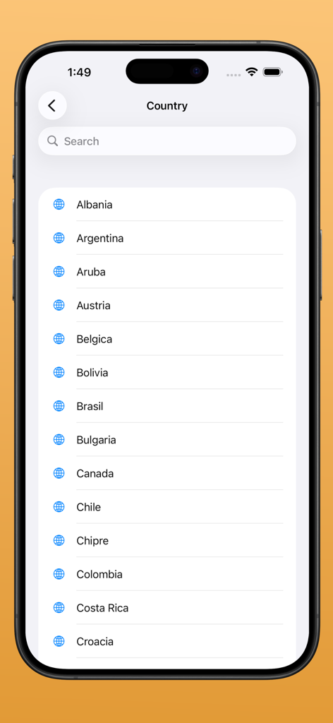 Radio FM & AM Streaming - Captura de pantalla de la aplicación eRadios que muestra una lista de países para buscar y encontrar estaciones de radio locales.