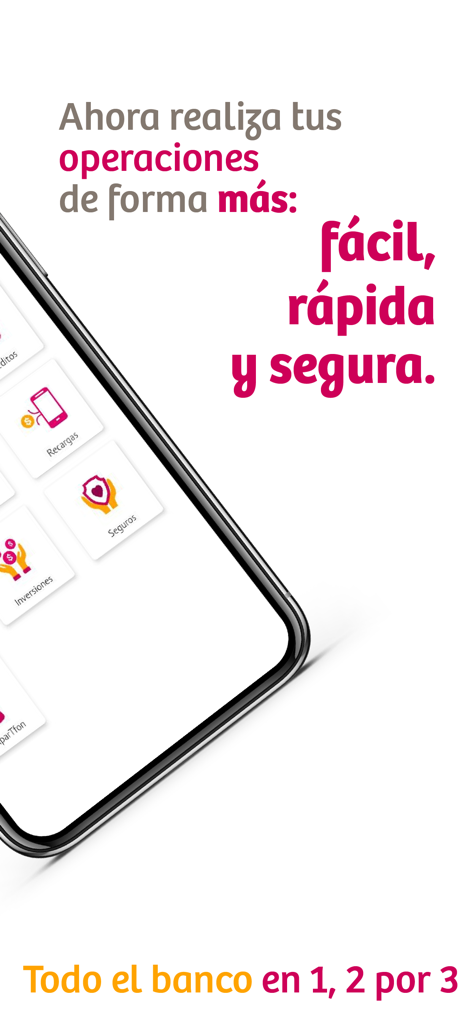 Interfaz de la aplicación bancaria Compartamos Móvil mostrando opciones de recargas y seguros en español