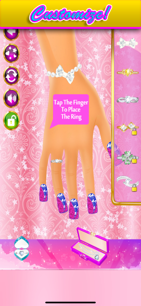 Princess Nail Spa & Salon - Una mano con uñas manicuradas y estampadas y opciones de selección de joyas en un juego móvil con temática de princesas.