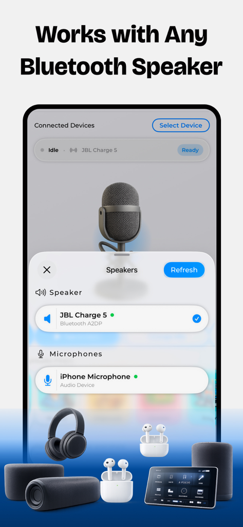 Bluetooth Speaker Mic: BlueMic - Interface of the BlueMic app showing an iPhone microphone connected to a JBL Bluetooth speaker