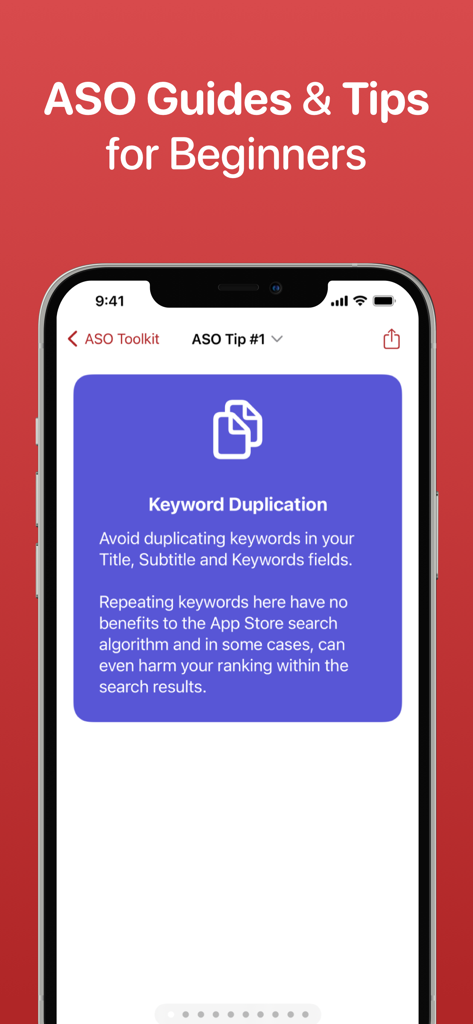 Schermata dell'app ASO Toolkit che visualizza una guida su come evitare la duplicazione delle parole chiave per l'ottimizzazione dell'App Store