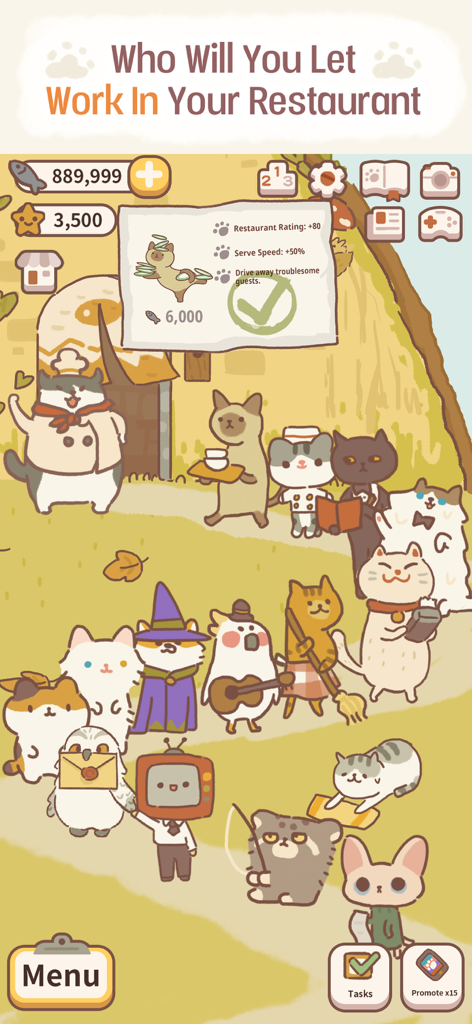 animal restaurant - Uno screenshot di gioco di Animal Restaurant che mostra vari simpatici personaggi felini e un prompt per assumere un nuovo membro dello staff.