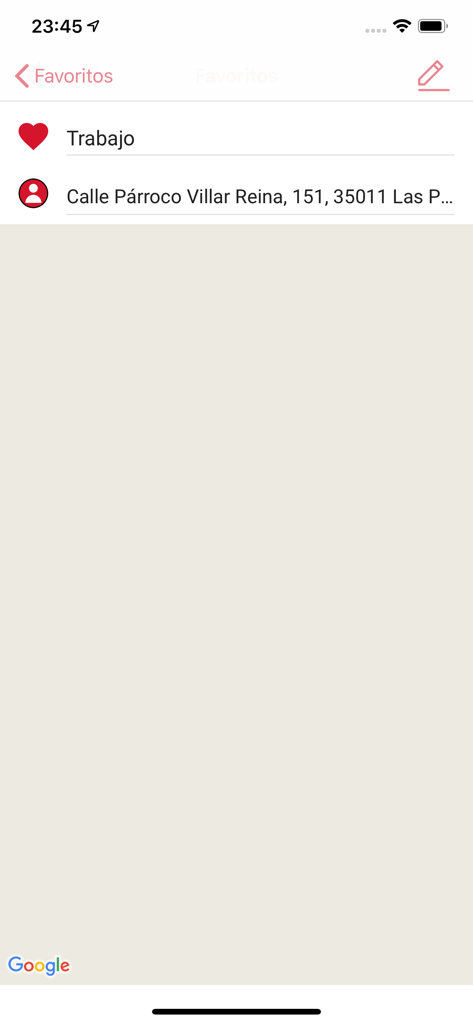 eTaxi (passenger) - eTaxi乗客アプリのスクリーンショット。職場などの保存された住所が表示されたお気に入り画面が表示されています。