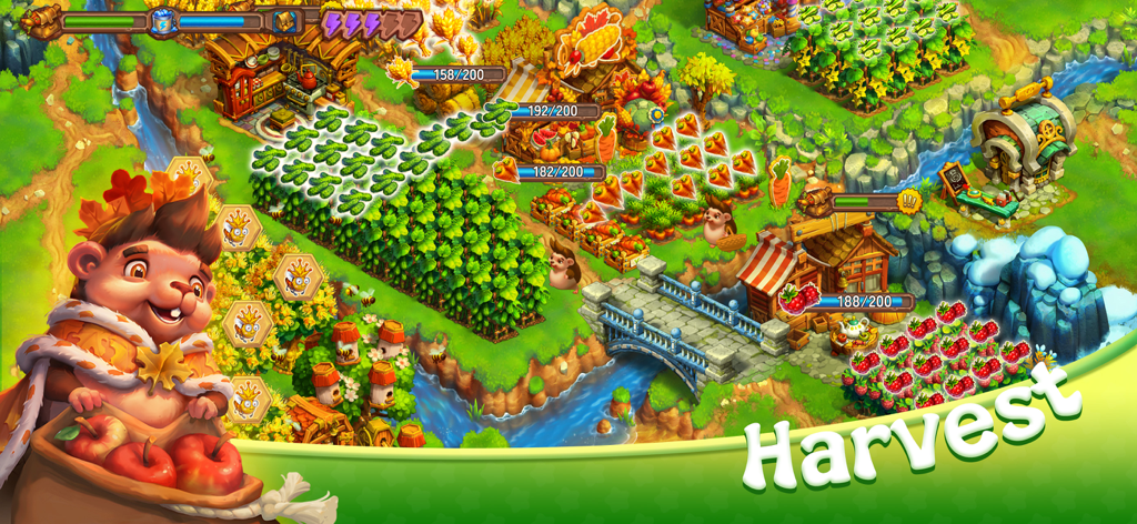 Hedgies - Ein entzückender Igel-Charakter neben einer lebendigen Farm mit verschiedenen Feldfrüchten zur Ernte