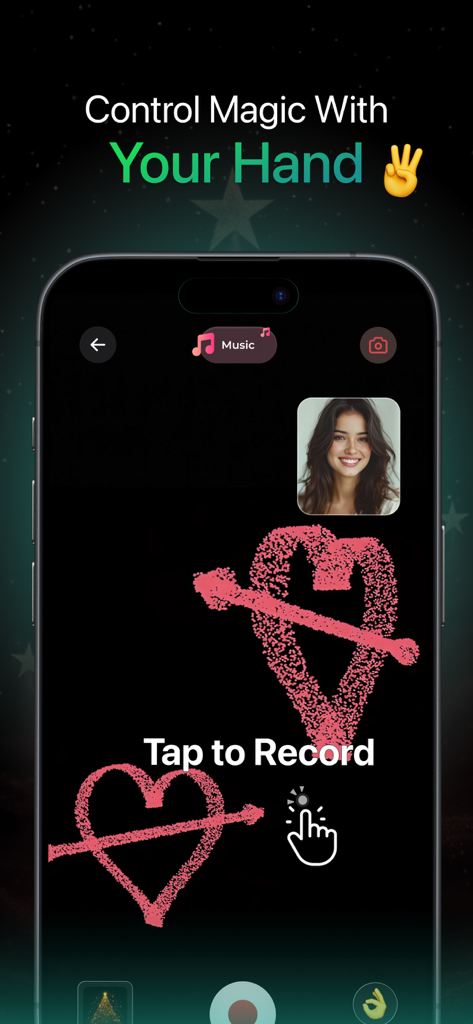 Hand Control: Hand Sign Master - iPhone screen recording AR pink heart particle effects with a hand sign master app