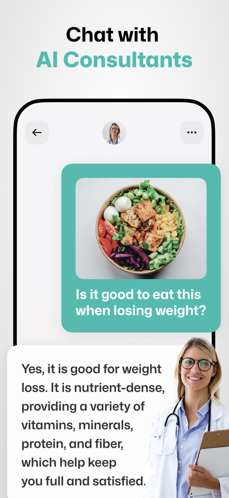 Smartphone screen of Well Up app showing a chat with an AI health consultant providing nutritional advice on a food photo for weight loss.