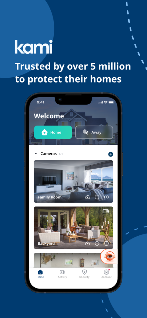 Kami Home app dashboard showing live camera feeds for the family room and backyard
