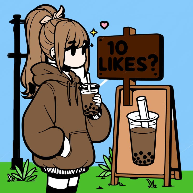 girl with oversized hoodie drinking boba and she has a high ponytail with a sign that says 10likes?