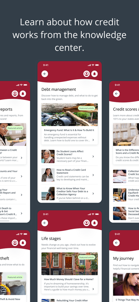 myEquifax knowledge center screens with credit education articles