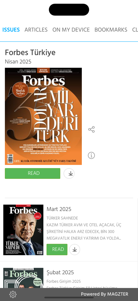 Pantalla de la aplicación móvil Forbes Turkiye que muestra una lista de números de la revista digital para leer y descargar.