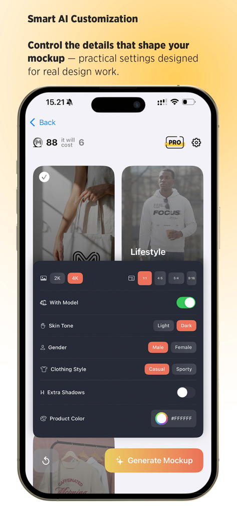 Mockit - AI Mockup Maker - Mockit app interface showing smart AI customization settings for lifestyle mockups including resolution and model attributes