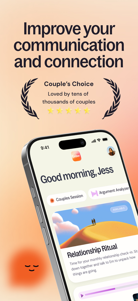 Ember: AI Relationship Coach - A screenshot of the Ember AI Relationship Coach app featuring tools to improve communication and connection for couples.