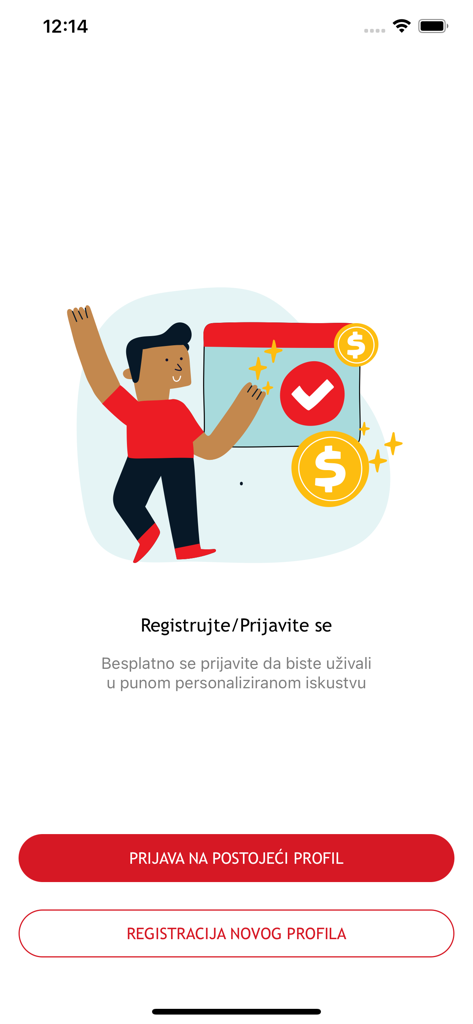 SportSport.ba - Pantalla de registro e inicio de sesión de la aplicación SportSport.ba con una ilustración de dibujos animados y botones en idioma bosnio.