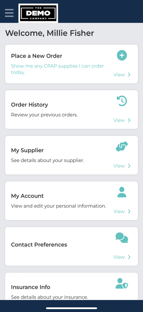 SNAP Resupply - Main dashboard of the SNAP Resupply app for managing medical supplies and insurance details