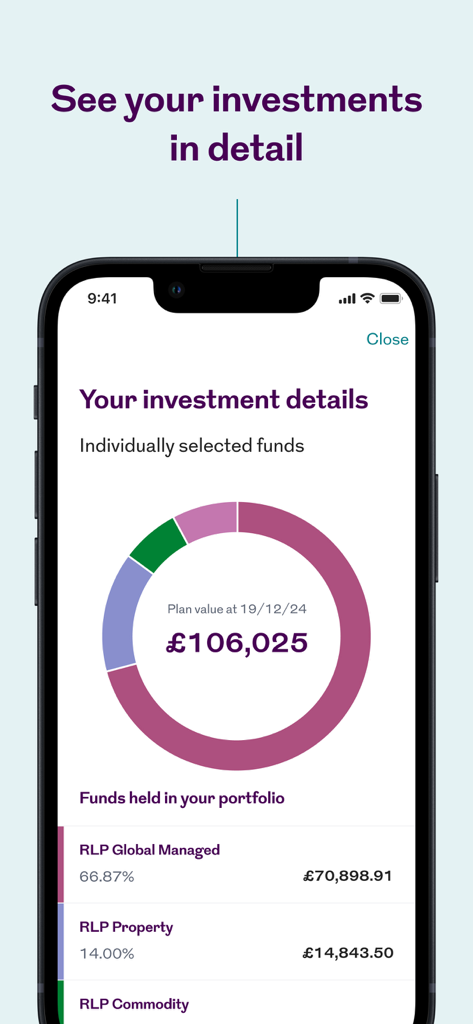 Royal London app screen showing a detailed investment portfolio with a donut chart and plan value breakdown