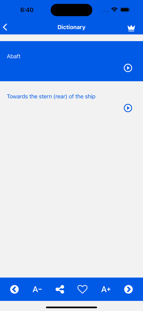 Maritime Terms and Dictionary app interface displaying the nautical definition of Abaft as towards the stern of the ship