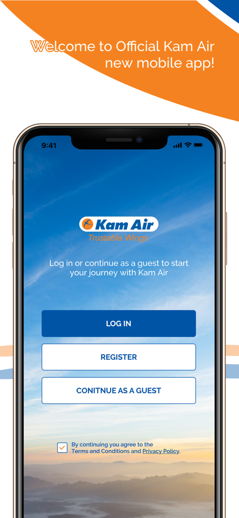 Kam Air Trustable Wings - Tela de boas-vindas do aplicativo móvel Kam Air com opções para fazer login, registrar-se ou continuar como convidado
