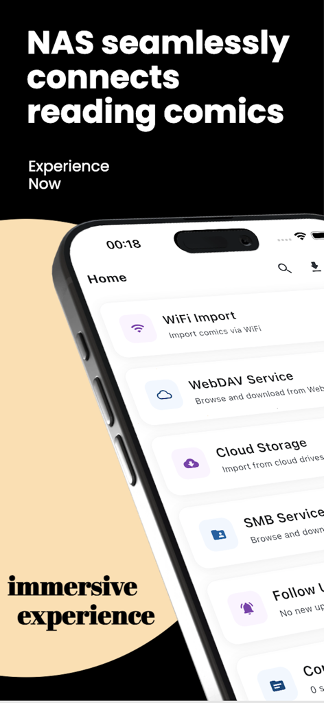ManYue - Manga Reader - ManYueマンガリーダーアプリがNASとWiFiでのコミックインポートオプションを表示している画面