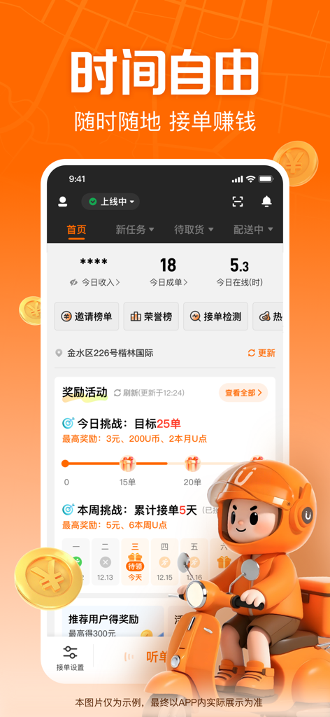 Tableau de bord de l'application de coursier UU Errands montrant les statistiques de livraison et un coursier en dessin animé sur un scooter