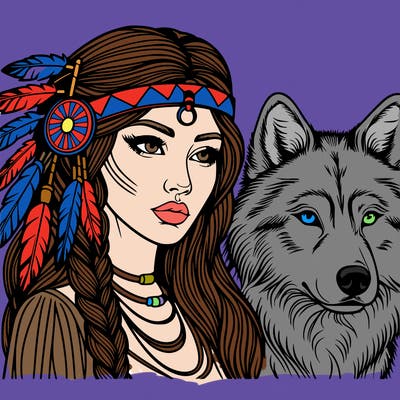 realistic native american woman with wolf